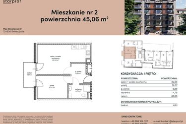 Rzut - Mieszkanie na sprzedaż 2 pokoje o powierzchni 45,06 m² - numer M2 w Plac Słowiański 9