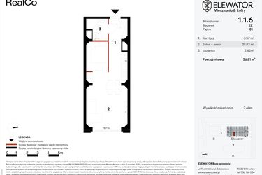 Rzut - Mieszkanie na sprzedaż 1 pokój o powierzchni 36,81 m² - numer EZ.1.1.6 w Elewator - Mieszkania i Lofty