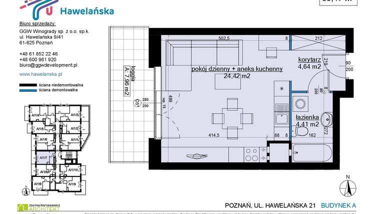 Rzut - Mieszkanie na sprzedaż 1 pokój o powierzchni 33,47 m² - numer A/1/7 w Osiedle Hawelańska etap III - bud. A