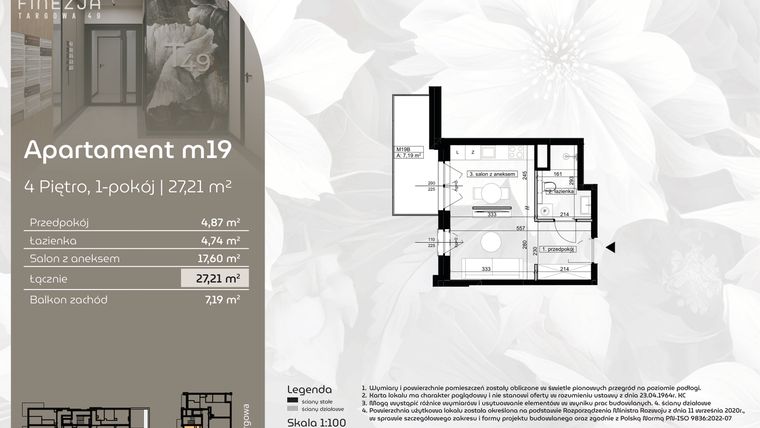 Rzut - Mieszkanie na sprzedaż 1 pokój o powierzchni 27,21 m² - numer M19 w Finezja Targowa 49