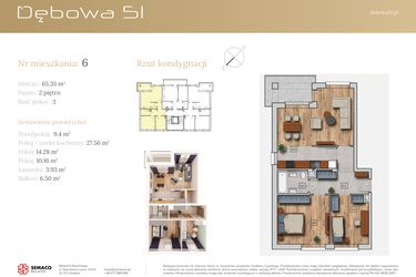 Rzut - Mieszkanie na sprzedaż 3 pokoje o powierzchni 65,33 m² - numer 51C.M6 w Dębowa 51