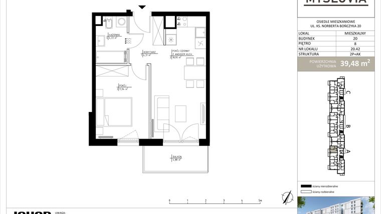 Rzut - Mieszkanie na sprzedaż 2 pokoje o powierzchni 39,48 m² - numer M.LM.20.42 w Myslovia