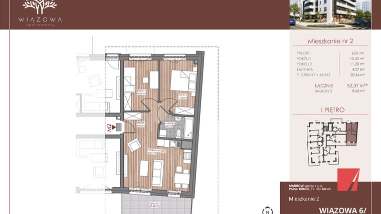 Rzut - Mieszkanie na sprzedaż 3 pokoje o powierzchni 52,6 m² - numer 2 w Wiązowa