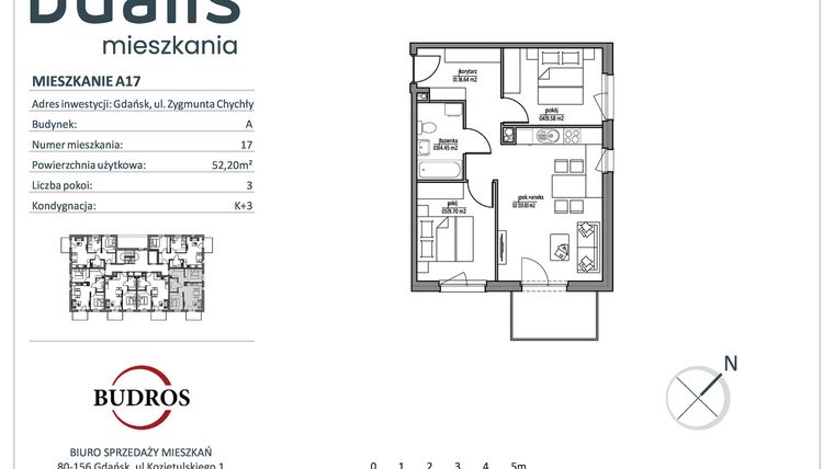 Rzut - Mieszkanie na sprzedaż 3 pokoje o powierzchni 52,2 m² - numer A17 w Dualis
