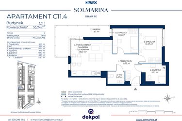 Rzut - Mieszkanie na sprzedaż 3 pokoje o powierzchni 55,94 m² - numer C11.4 w Sol Marina etap III