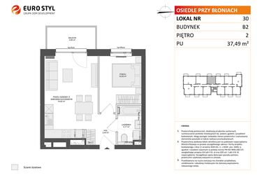 Rzut - Mieszkanie na sprzedaż 2 pokoje o powierzchni 37,49 m² - numer B2.30 w Osiedle Przy Błoniach 3 etap III
