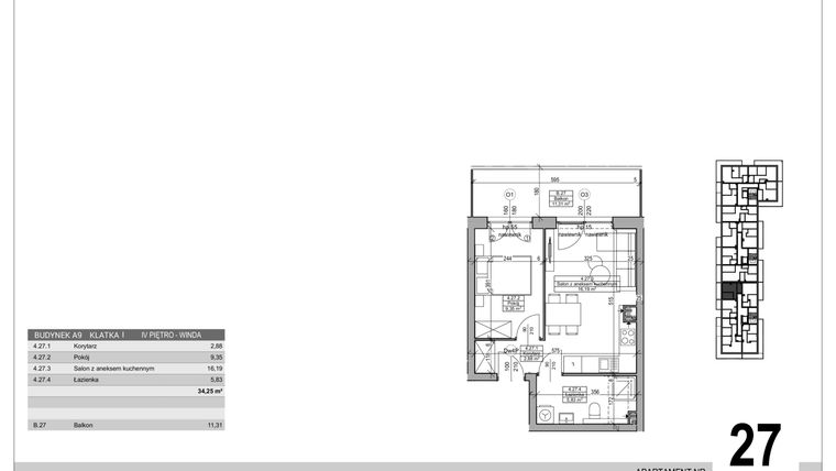 Rzut - Mieszkanie na sprzedaż 2 pokoje o powierzchni 34,25 m² - numer A.9.M.27 w Sobola Biel A9