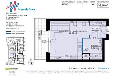 Rzut - Mieszkanie na sprzedaż 1 pokój o powierzchni 33,4 m² - numer A/7/67 w Osiedle Hawelańska etap III - bud. A