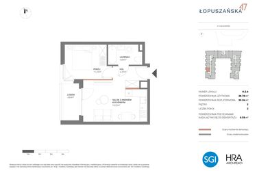 Rzut - Mieszkanie na sprzedaż 2 pokoje o powierzchni 39,36 m² - numer H.2.6 w Łopuszańska 47 - etap 3