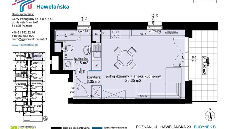 Rzut - Mieszkanie na sprzedaż 1 pokój o powierzchni 33,85 m² - numer B/10/112 w Osiedle Hawelańska etap III - bud. B