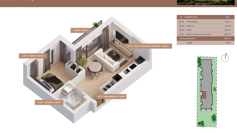 Rzut - Mieszkanie na sprzedaż 2 pokoje o powierzchni 38,17 m² - numer 13 w Apartamenty Częstochowska