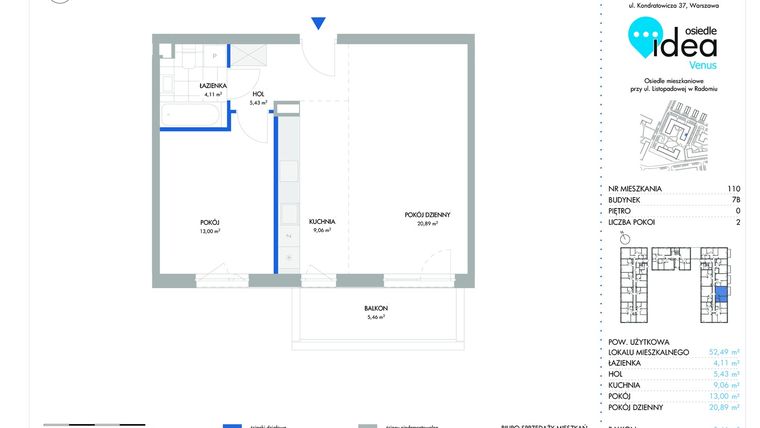 Rzut - Mieszkanie na sprzedaż 2 pokoje o powierzchni 52,49 m² - numer 7B/110 w Osiedle Idea Venus