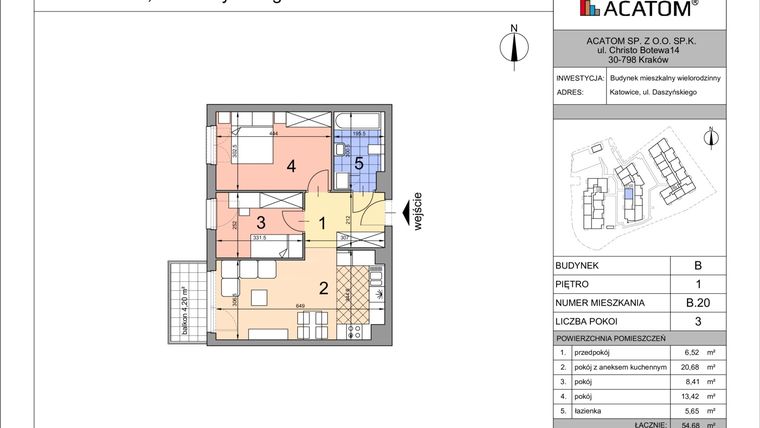 Rzut - Mieszkanie na sprzedaż 3 pokoje o powierzchni 54,68 m² - numer B20 w Daszyńskiego Park