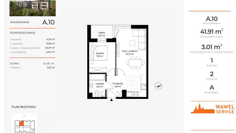 Rzut - Mieszkanie na sprzedaż 2 pokoje o powierzchni 41,91 m² - numer A.10 w Nowa Namiarkowa