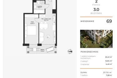 Rzut - Mieszkanie na sprzedaż 2 pokoje o powierzchni 37,7 m² - numer 69 w Bytkowska 3.0