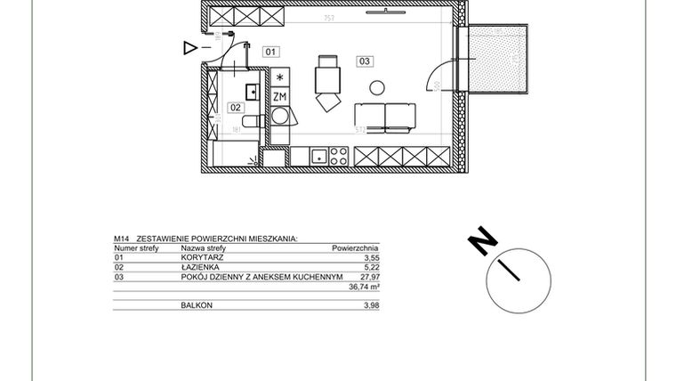 Rzut - Mieszkanie na sprzedaż 1 pokój o powierzchni 36,74 m² - numer I.M14 w Osiedle Glivia Zachodnia