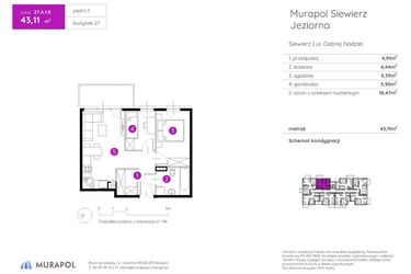 Rzut - Mieszkanie na sprzedaż 2 pokoje o powierzchni 43,11 m² - numer 27.A.1.8 w Murapol Siewierz Jeziorna bud. 27 i 28