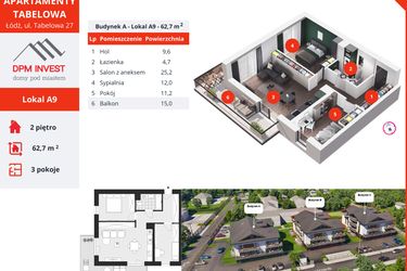 Rzut - Mieszkanie na sprzedaż 3 pokoje o powierzchni 62,7 m² - numer A9 w Apartamenty Tabelowa