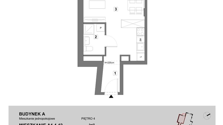 Rzut - Mieszkanie na sprzedaż 1 pokój o powierzchni 28 m² - numer A1.4.42 w ATAL Grabiszyn