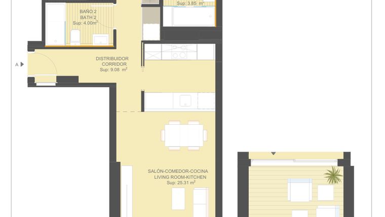 Rzut - Mieszkanie na sprzedaż 2 pokoje o powierzchni 104 m² - numer 10.1.A w Sea Gardens - Campoamor