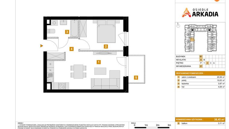Rzut - Mieszkanie na sprzedaż 2 pokoje o powierzchni 38,45 m² - numer B1.21 w Osiedle Arkadia etap 2