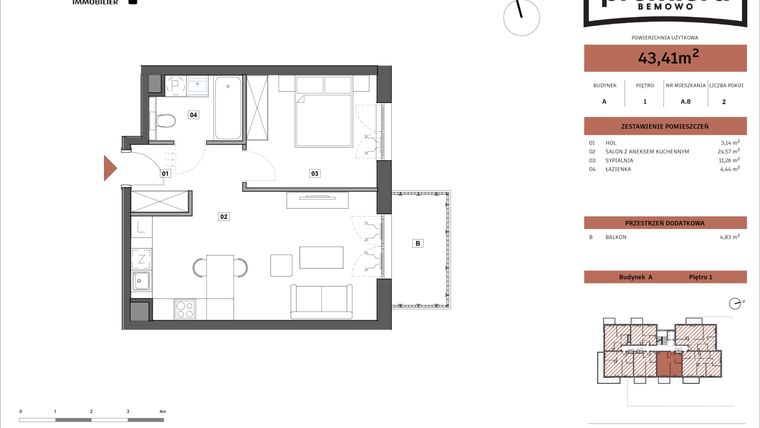 Rzut - Mieszkanie na sprzedaż 1 pokój o powierzchni 43,41 m² - numer A.08 w Premiera Bemowo