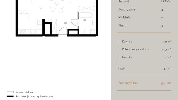 Rzut - Mieszkanie na sprzedaż 1 pokój o powierzchni 53,42 m² - numer M063 w MURANO