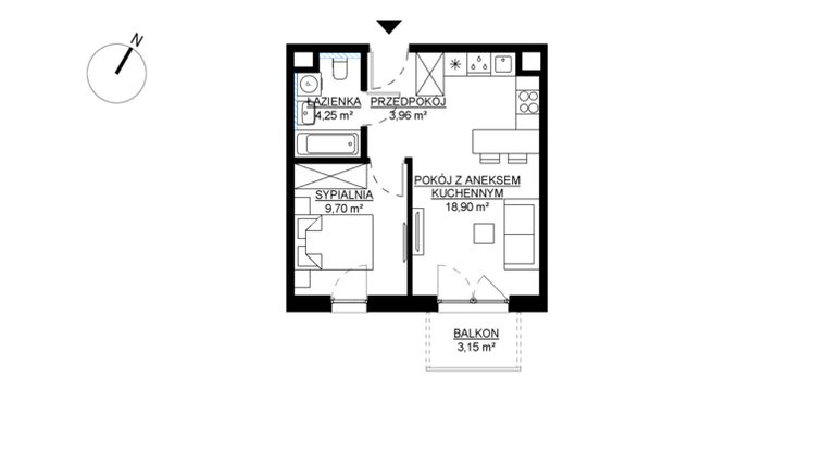 Rzut - Mieszkanie na sprzedaż 2 pokoje o powierzchni 36,81 m² - numer M72 w KWADRAT etap 2