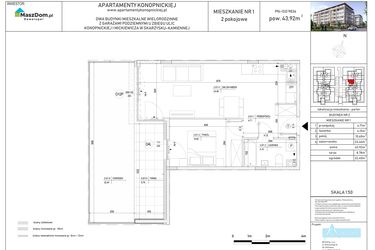 Rzut - Mieszkanie na sprzedaż 2 pokoje o powierzchni 43,94 m² - numer M-1 w Apartamenty Konopnickiej