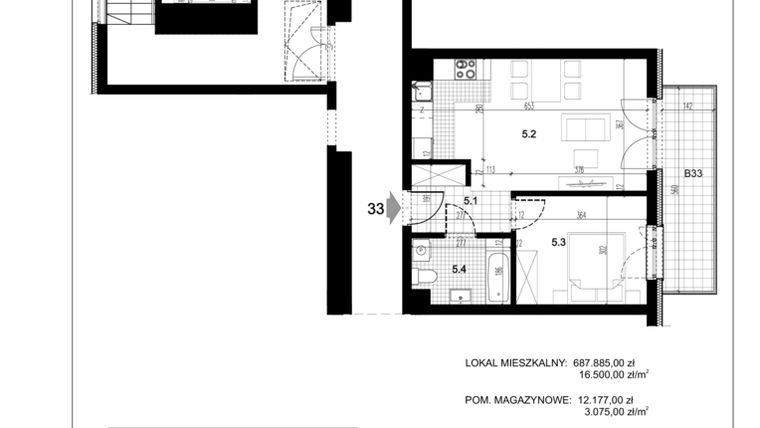 Rzut - Mieszkanie na sprzedaż 2 pokoje o powierzchni 45,65 m² - numer C1.33 w Centralna 51C
