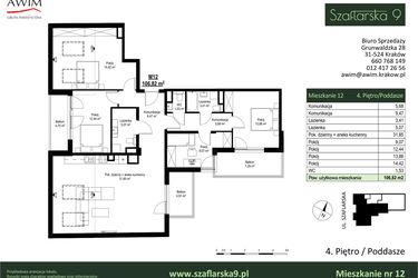 Rzut - Mieszkanie na sprzedaż 5 pokoi o powierzchni 106,82 m² - numer M12 w Szaflarska 9