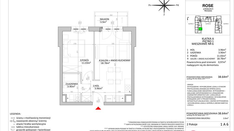 Rzut - Mieszkanie na sprzedaż 2 pokoje o powierzchni 38,64 m² - numer LT-R-LM-1.A.6 w Lifetown