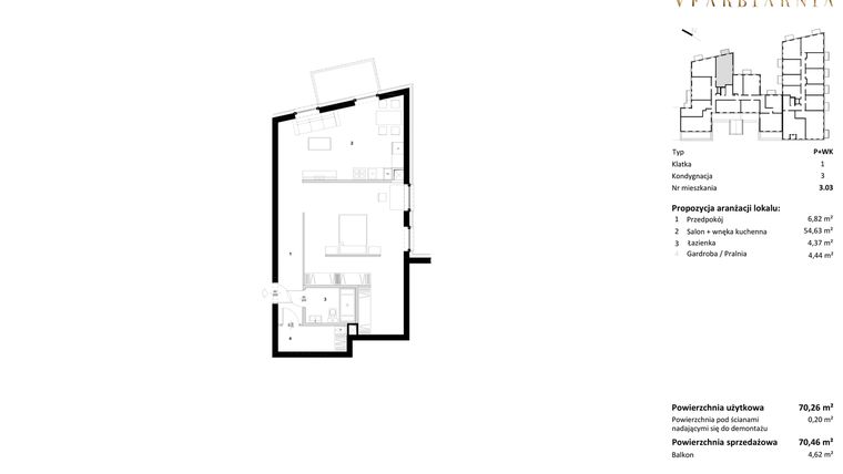 Rzut - Mieszkanie na sprzedaż 1 pokój o powierzchni 70,46 m² - numer 3.03 w Stara Farbiarnia