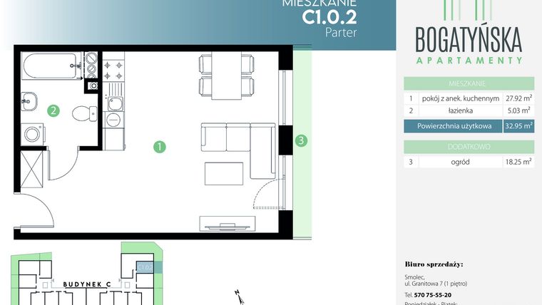 Rzut - Mieszkanie na sprzedaż 1 pokój o powierzchni 32,95 m² - numer C1.0.2 w Bogatyńska Apartamenty etap 3