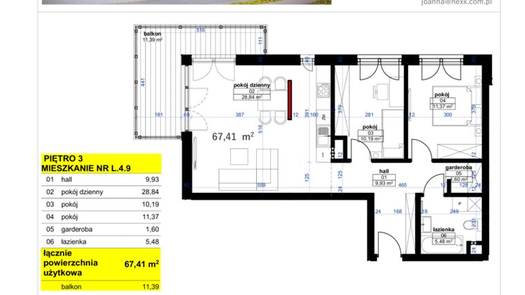 Rzut - Mieszkanie na sprzedaż 3 pokoje o powierzchni 67,41 m² - numer L 4.9 w Park Moniuszki etap IV