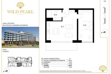 Rzut - Mieszkanie na sprzedaż 2 pokoje o powierzchni 46,84 m² - numer 2.4 w Wild Pearl