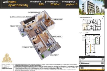 Rzut - Mieszkanie na sprzedaż 3 pokoje o powierzchni 57,23 m² - numer B23 w Osiedle Wełnowe Apartamenty