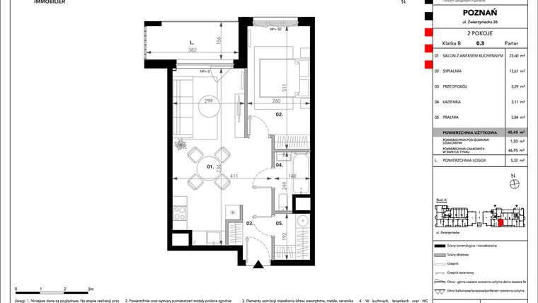 Rzut - Mieszkanie na sprzedaż 2 pokoje o powierzchni 45,45 m² - numer B.B.0.3 w Zajezdnia
