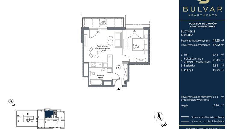 Rzut - Mieszkanie na sprzedaż 2 pokoje o powierzchni 47,32 m² - numer B.12.04 w Bulvar Apartments - etap II