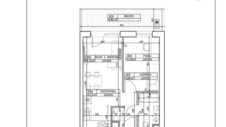 Rzut - Mieszkanie na sprzedaż 2 pokoje o powierzchni 36,41 m² - numer B6 w Symfonia - Chodkiewicza 9