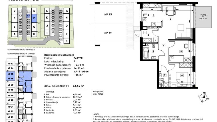 Rzut - Mieszkanie na sprzedaż 3 pokoje o powierzchni 64,56 m² - numer F1 w Złotno Residence