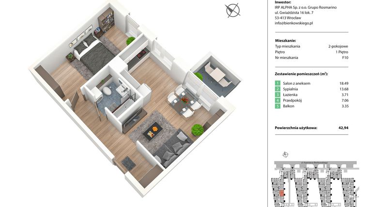 Rzut - Mieszkanie na sprzedaż 2 pokoje o powierzchni 42,94 m² - numer F10 w Nowe Żerniki Bieńkowskiego etap II