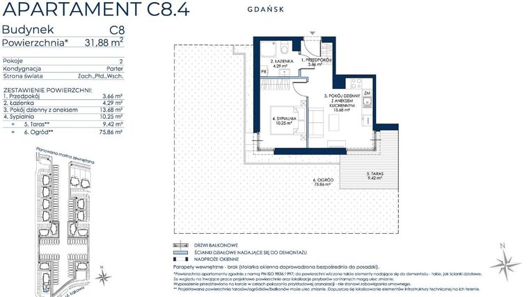 Rzut - Mieszkanie na sprzedaż 2 pokoje o powierzchni 31,93 m² - numer C8.4 w Sol Marina etap III