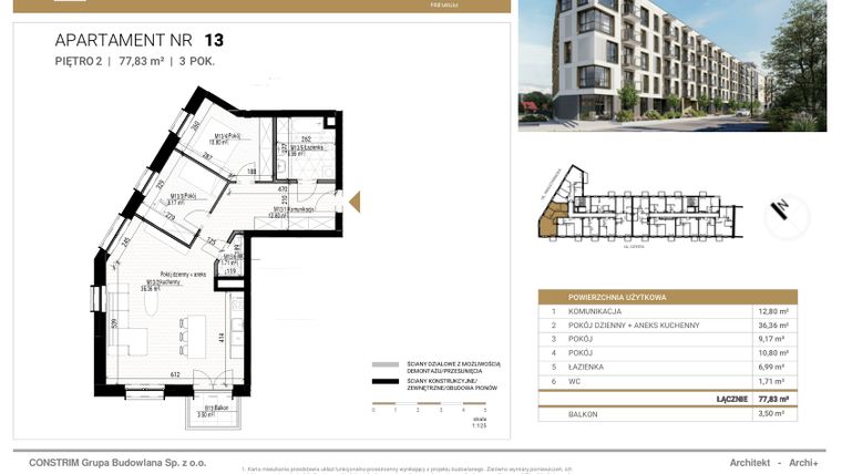 Rzut - Mieszkanie na sprzedaż 3 pokoje o powierzchni 78,83 m² - numer 13 w Czysta Premium