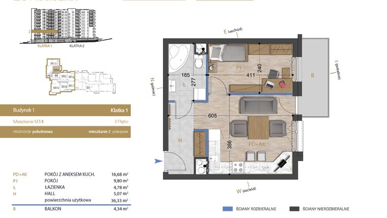 Rzut - Mieszkanie na sprzedaż 2 pokoje o powierzchni 36,33 m² - numer 14 w Osiedle Dakar Karolina