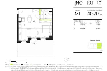 Rzut - Mieszkanie na sprzedaż 1 pokój o powierzchni 40,7 m² - numer NO.0.1 w Ogrody Staromiejskie