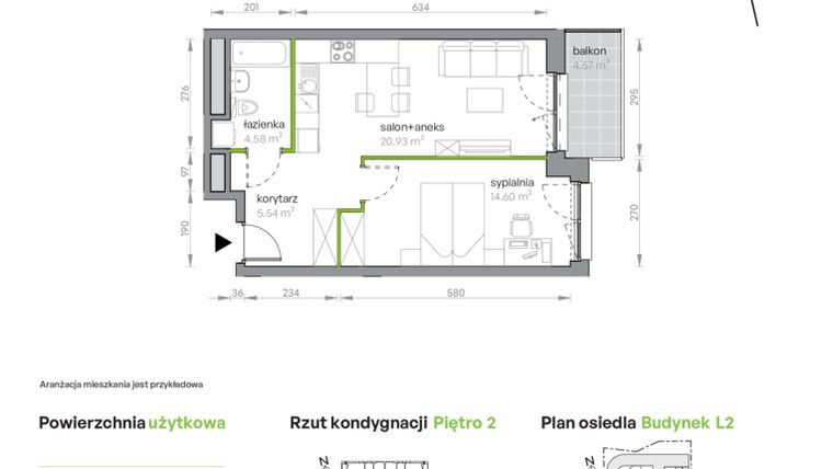 Rzut - Mieszkanie na sprzedaż 2 pokoje o powierzchni 45,65 m² - numer L2/2/14 w Legnicka Vita