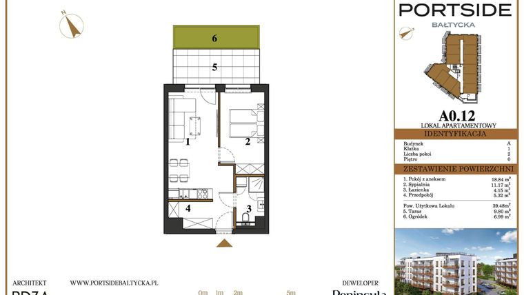 Rzut - Mieszkanie na sprzedaż 2 pokoje o powierzchni 39,48 m² - numer A0.12 w Portside Bałtycka