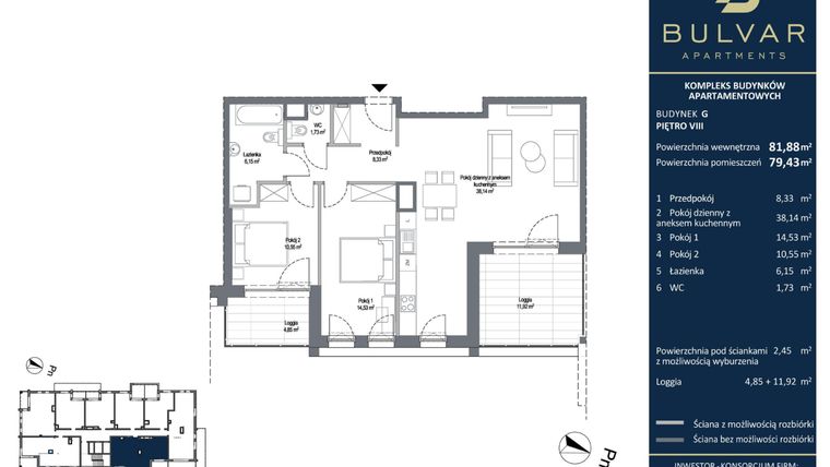 Rzut - Mieszkanie na sprzedaż 3 pokoje o powierzchni 81,85 m² - numer G.9.72 w Bulvar Apartments - etap I