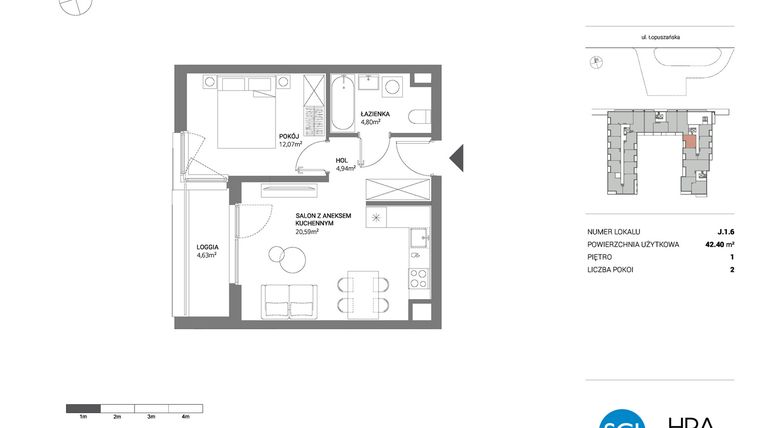 Rzut - Mieszkanie na sprzedaż 2 pokoje o powierzchni 42,4 m² - numer J.1.6 w Łopuszańska 47 - etap 3
